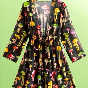 Rave Mushroom Print Swim cover up tie front & reversible bucket hat